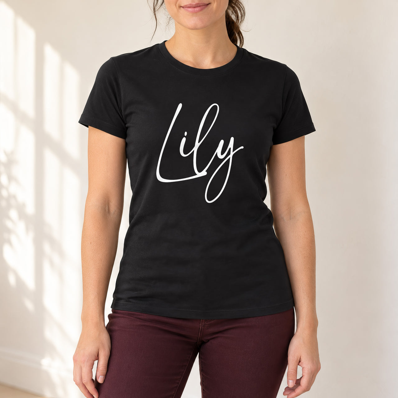 Personalised Ballet Name Iron-On Transfer, shown on a black t-shirt