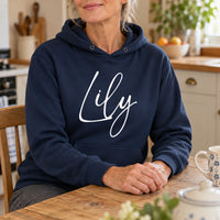 Personalised Ballet Name Iron-On Transfer, shown on a navy hoodie