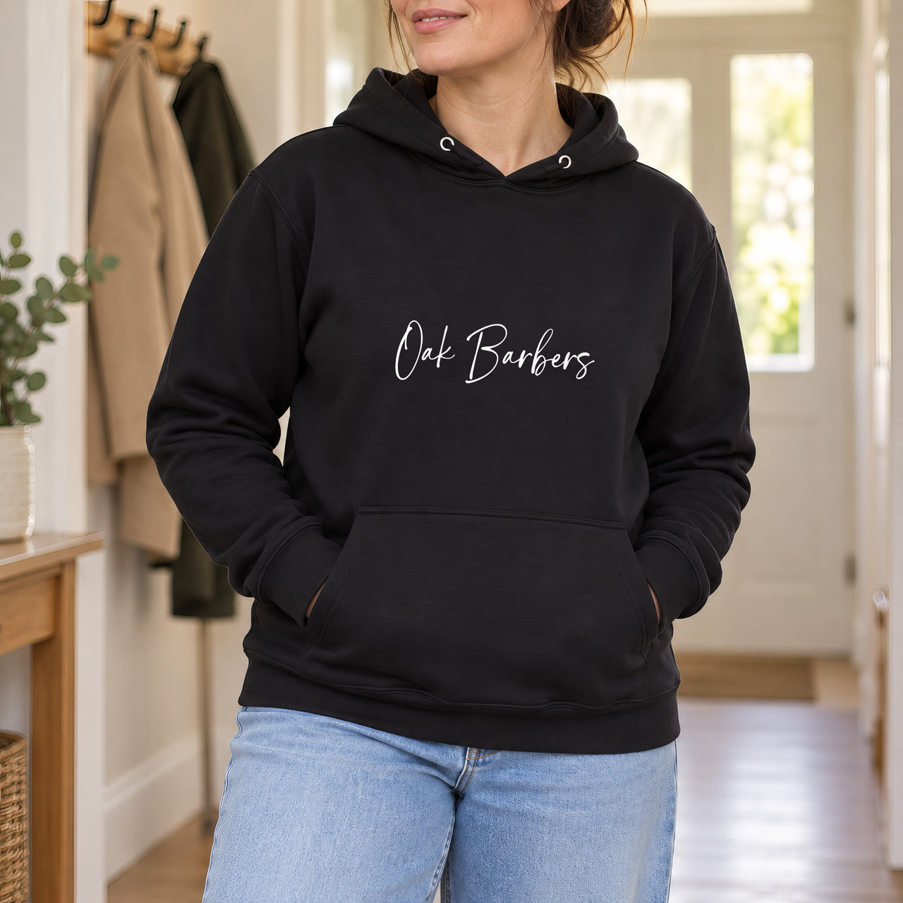 Personalised Barber Name Iron-On Transfer, shown on a black hoodie