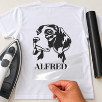 Back of white T-shirt with black beagle portrait and name 'ALFRED', personalised iron-on vinyl transfer