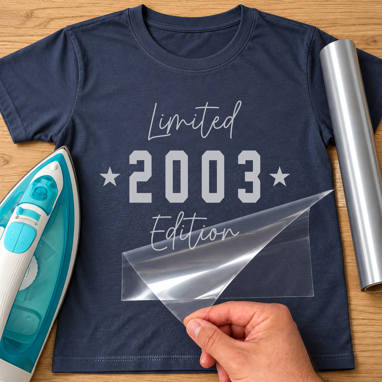 Navy tee with silver 'Limited 2003 Edition' birth year transfer flanked by stars, iron-on film being peeled