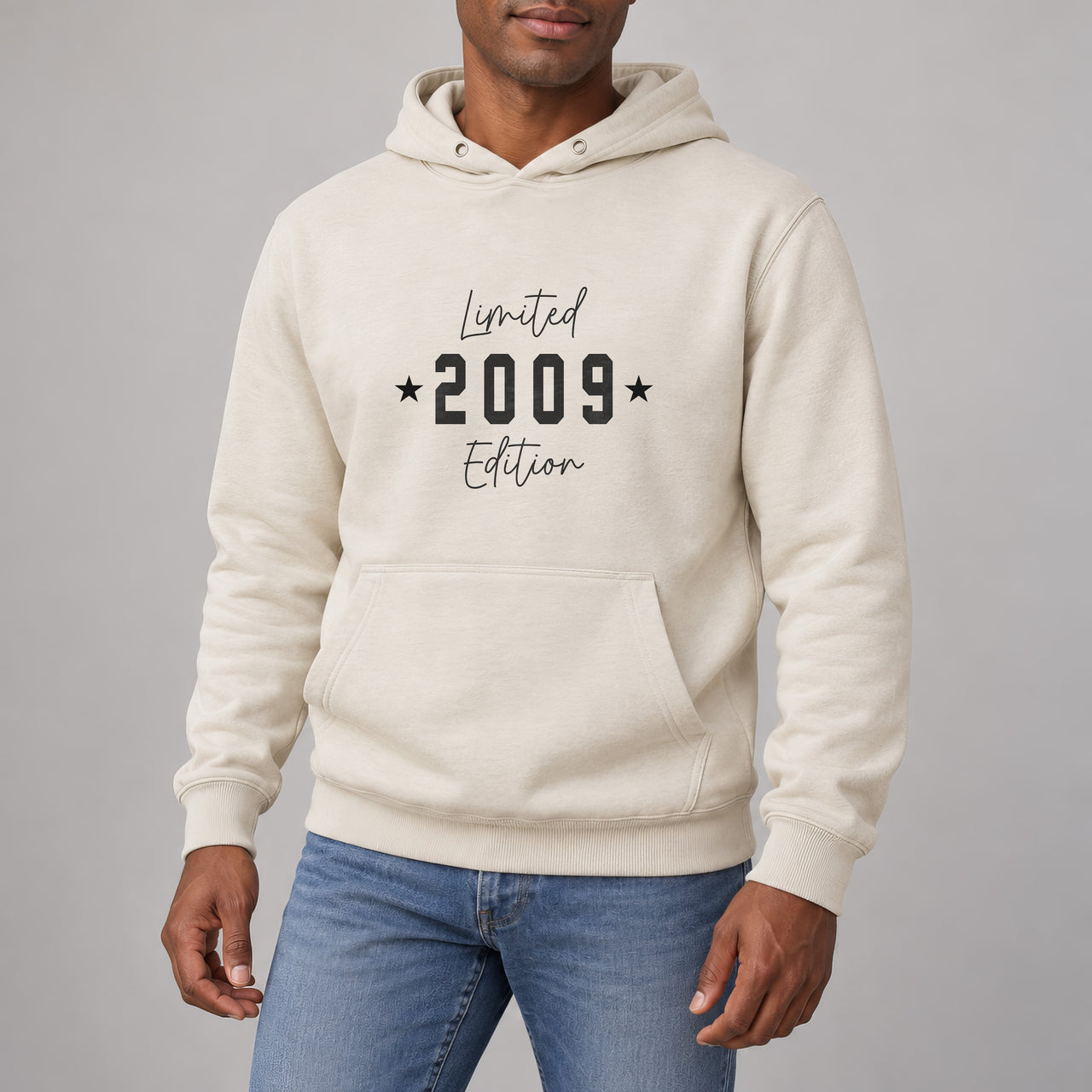 Sand hoodie with the Limited Edition Script Year design printed on the chest