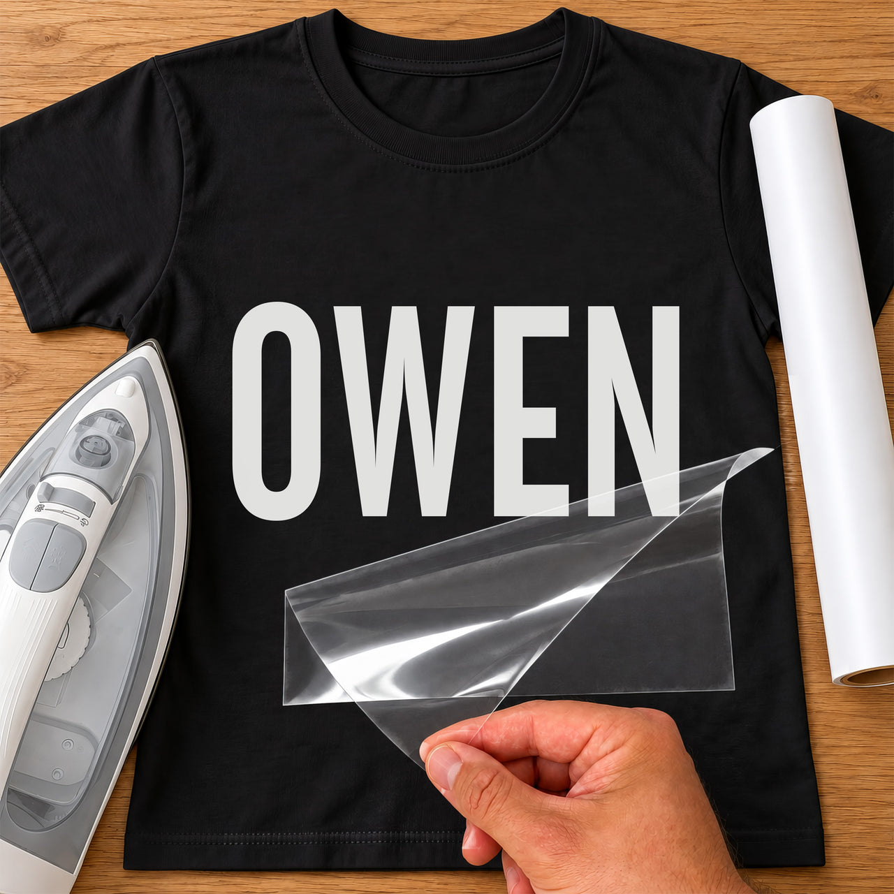 Personalised Birthday Name iron-on transfer: white OWEN in bold capitals on a black T-shirt, film being peeled