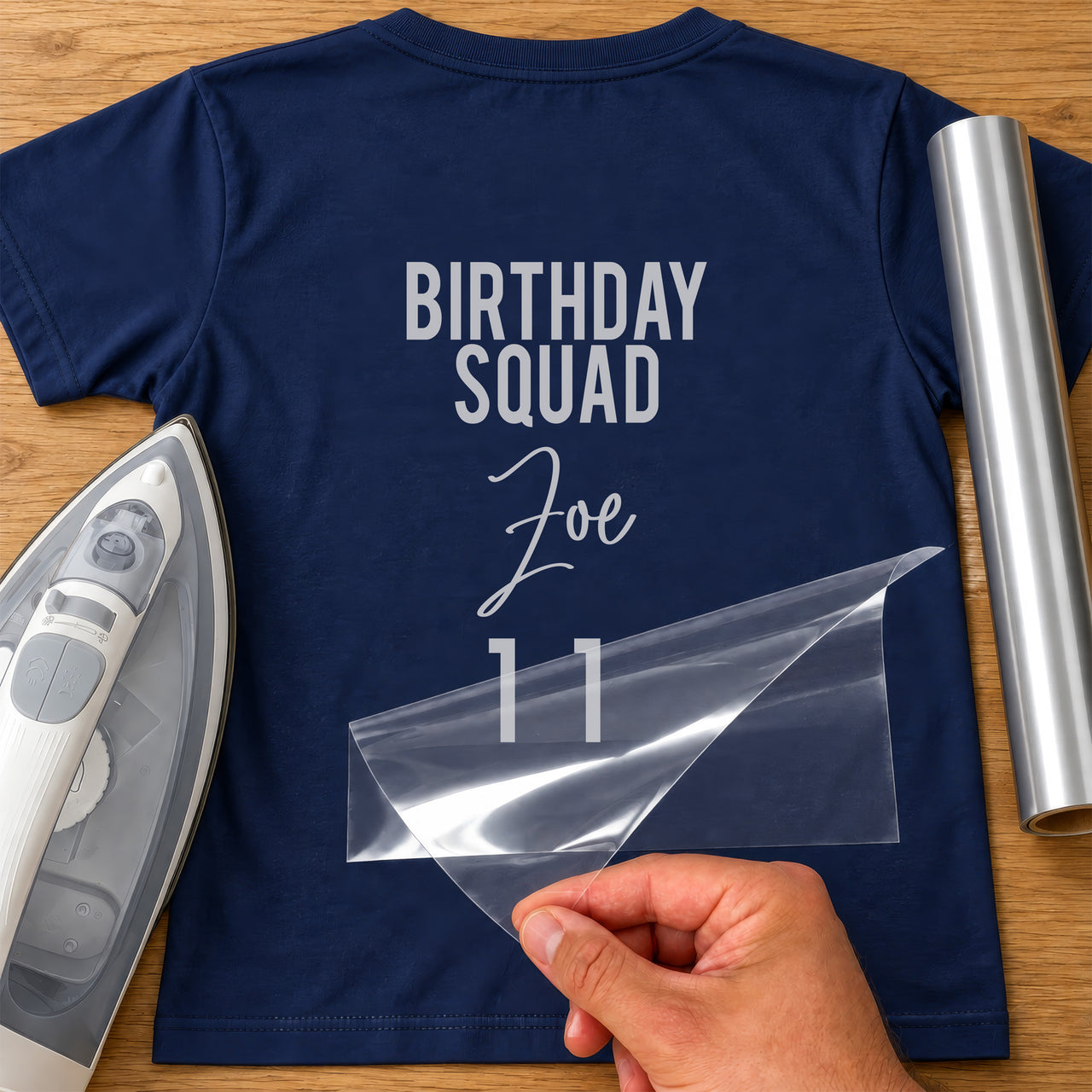 Birthday Squad Family iron-on: silver BIRTHDAY SQUAD Zoe 11 on a navy T-shirt, film being peeled