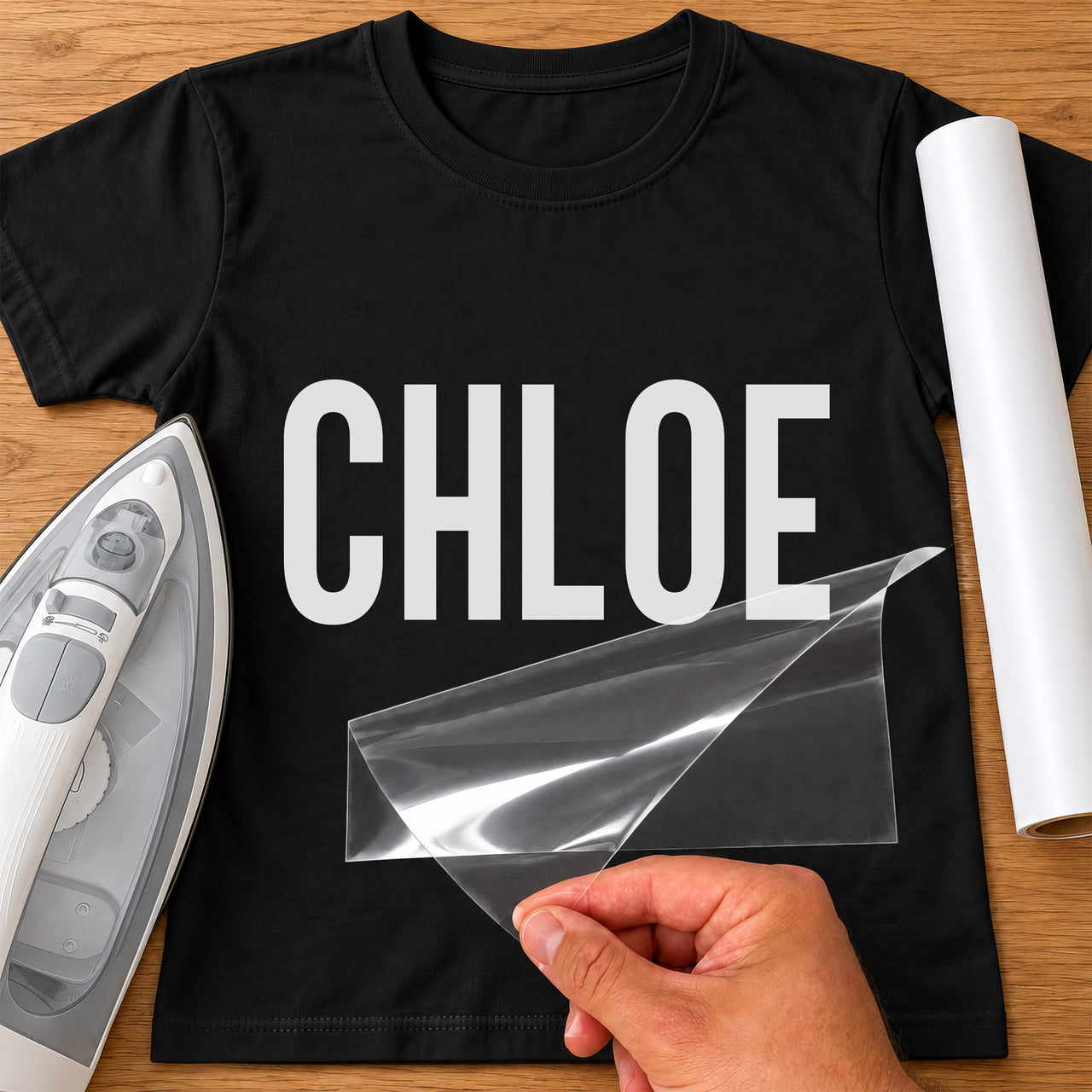 Personalised Carer Team Name iron-on transfer: white CHLOE on a black T-shirt, film being peeled