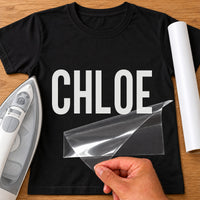 Personalised Carer Team Name iron-on transfer: white CHLOE on a black T-shirt, film being peeled