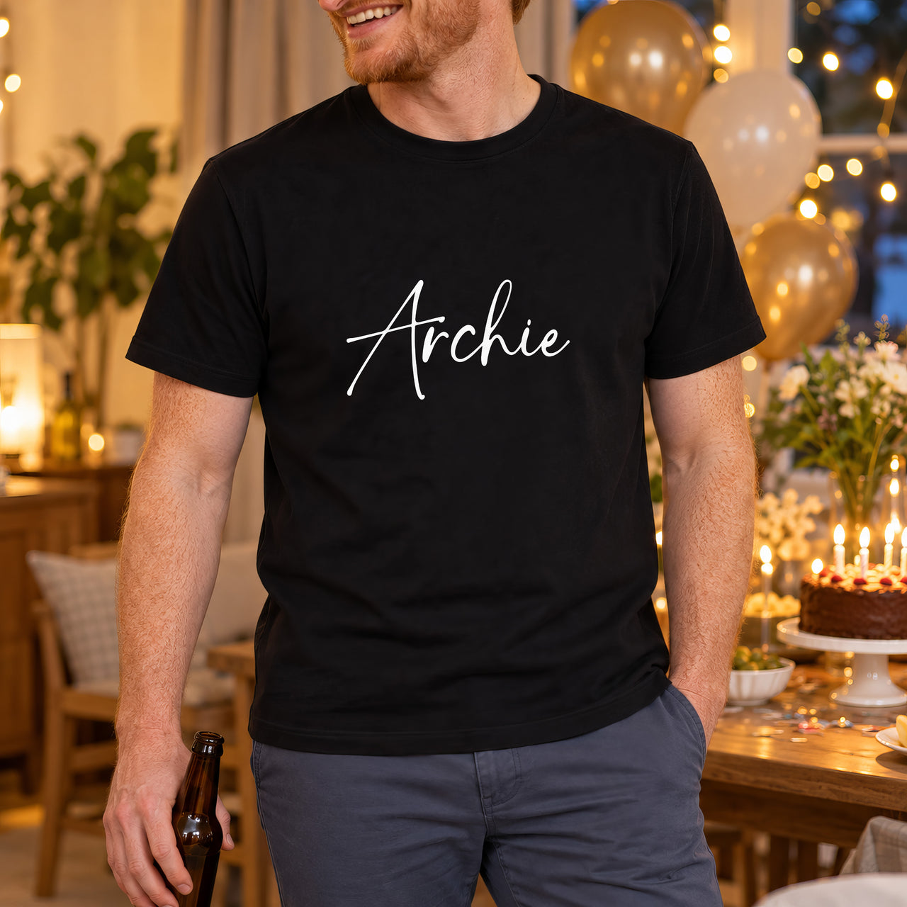 Personalised Carp Angler Name Iron-On Transfer, shown on a black t-shirt