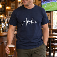 Personalised Carp Angler Name Iron-On Transfer, shown on a navy t-shirt