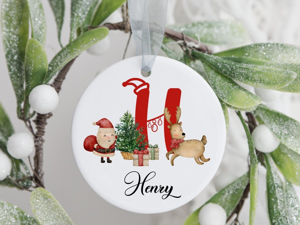 Personalised Ceramic Bauble - Festive Santa & Reindeer - Child's Name Ornament - DENMARY