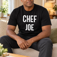 Personalised Chef Iron-On Transfer - Custom Name Kitchen Design, shown on a black t-shirt