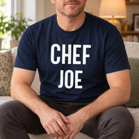 Personalised Chef Iron-On Transfer - Custom Name Kitchen Design, shown on a navy t-shirt