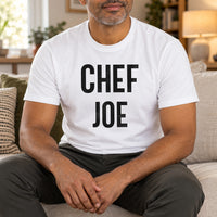 Personalised Chef Iron-On Transfer - Custom Name Kitchen Design, shown on a white t-shirt