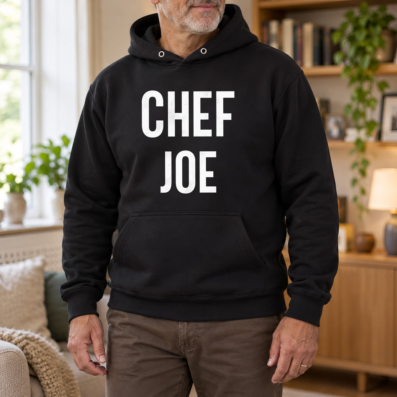 Personalised Chef Iron-On Transfer - Custom Name Kitchen Design, shown on a black hoodie