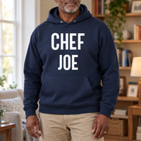 Personalised Chef Iron-On Transfer - Custom Name Kitchen Design, shown on a navy hoodie