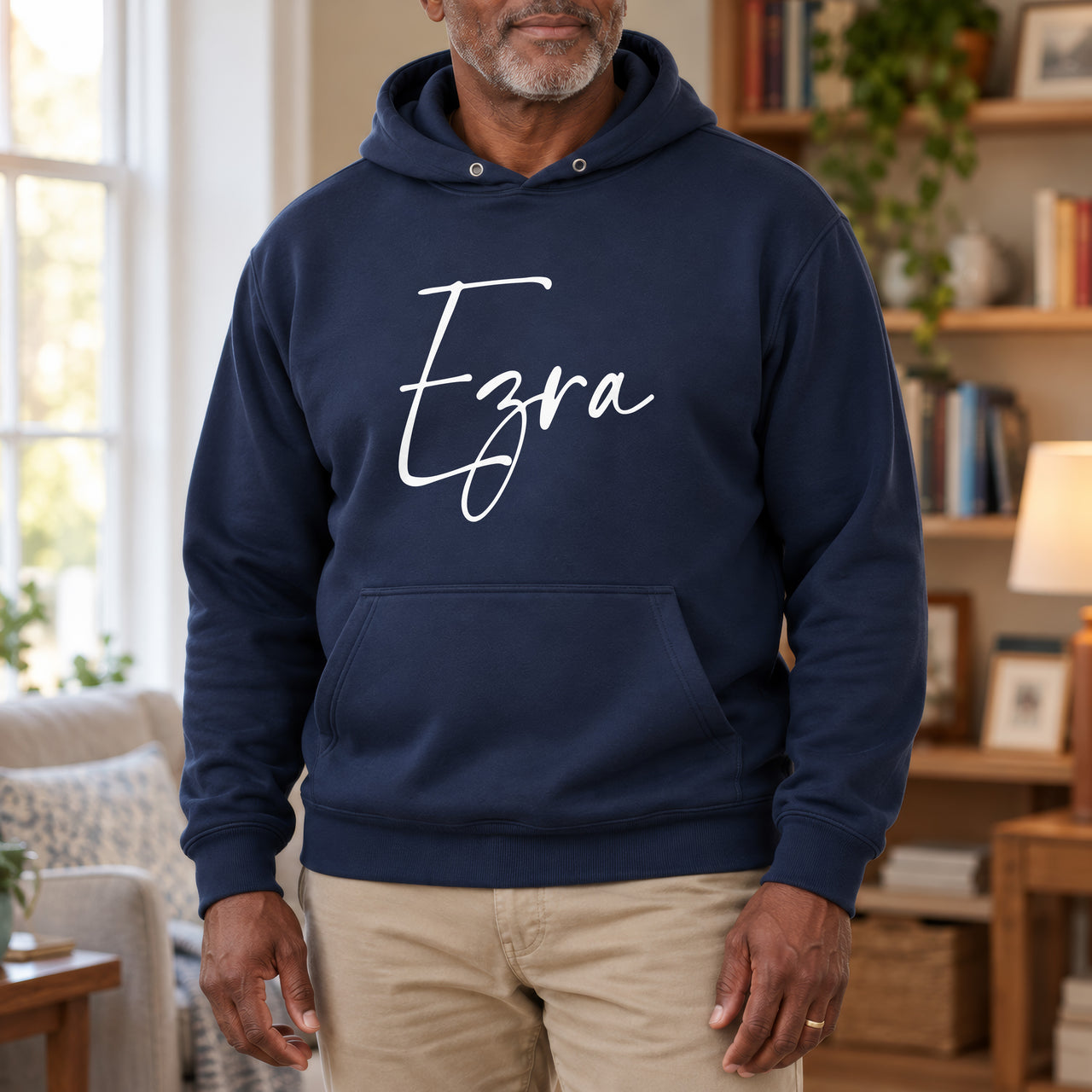 Personalised Childminder Name Iron-On Transfer, shown on a navy hoodie