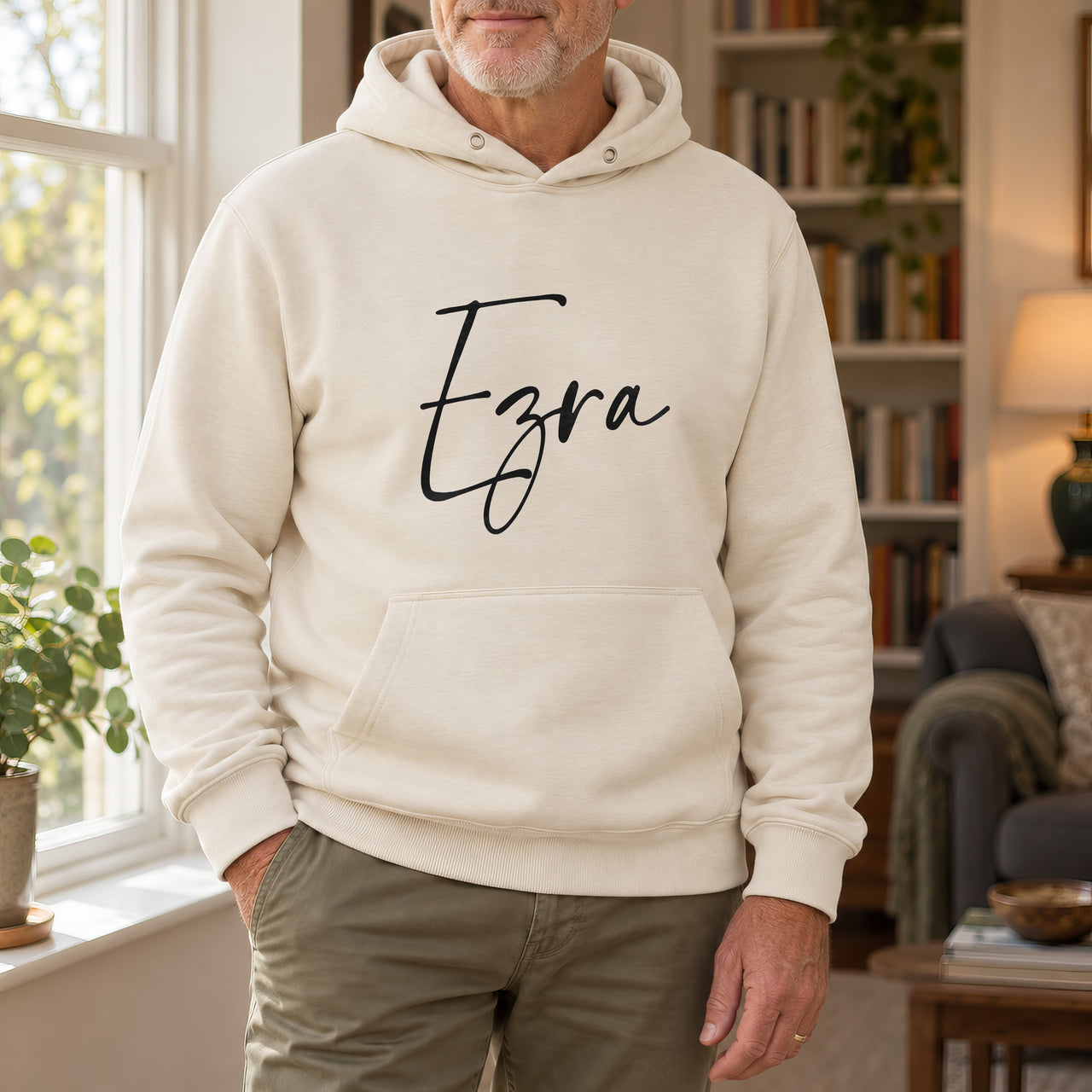 Personalised Childminder Name Iron-On Transfer, shown on a natural hoodie