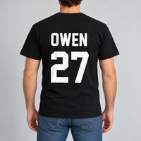 Black T-shirt with the Cricket Name and Number design printed on the back