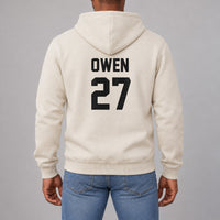 Sand hoodie with the Cricket Name and Number design printed on the back
