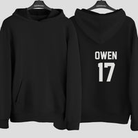 Personalised Cricket Shirt Name Number Iron-On Transfer shown on a hoodie