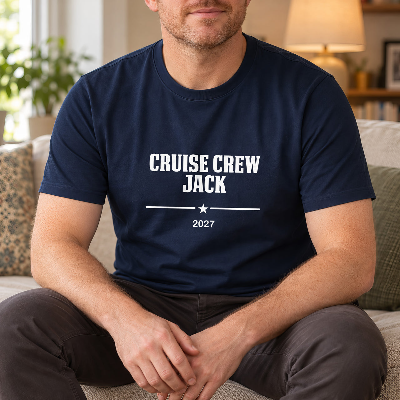 Personalised Cruise Crew Iron-On Transfer, shown on a navy t-shirt