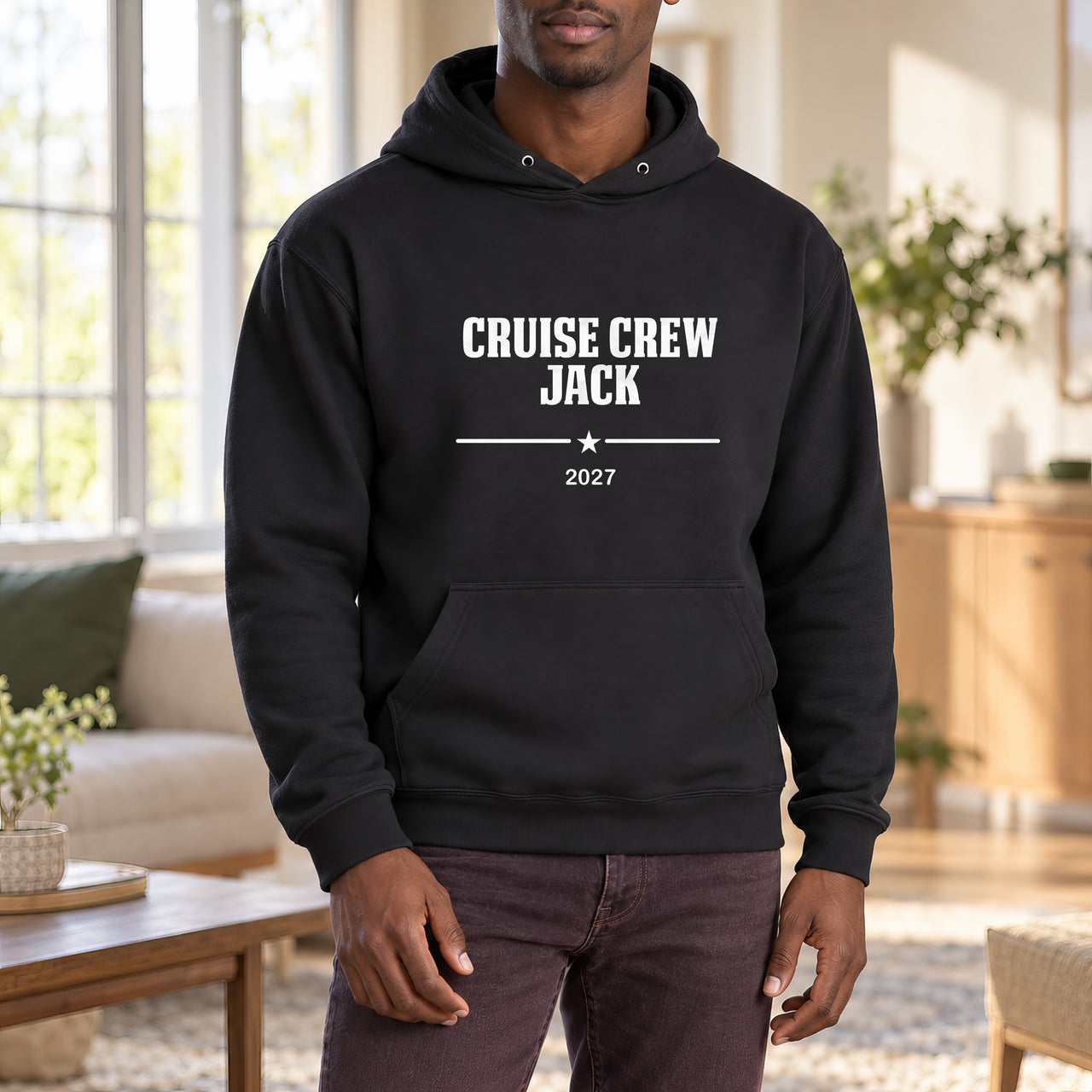 Personalised Cruise Crew Iron-On Transfer, shown on a black hoodie