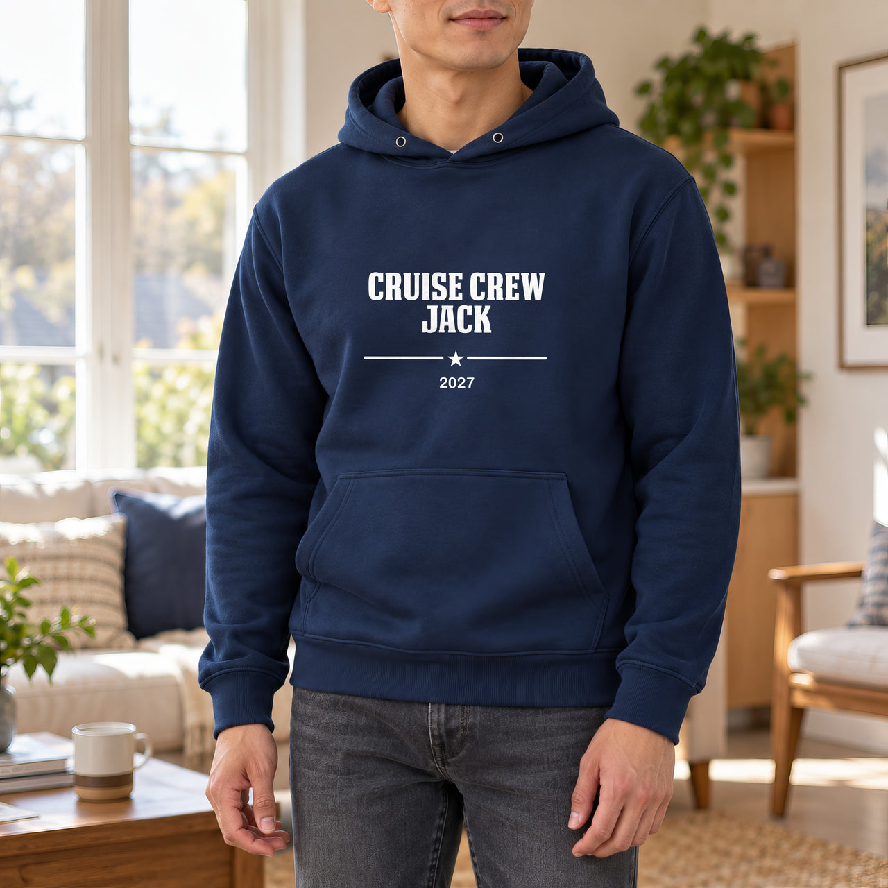 Personalised Cruise Crew Iron-On Transfer, shown on a navy hoodie