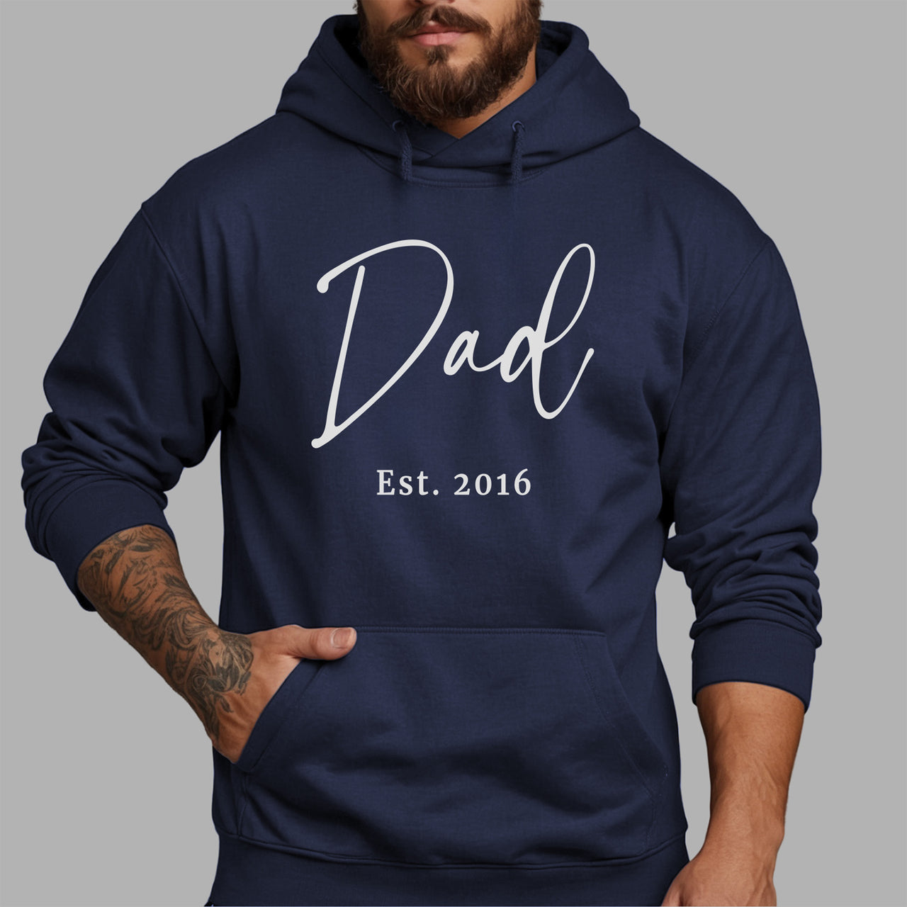 Dad Est. Year Iron-On Transfer - Personalised, Up to Five Lines shown on a hoodie