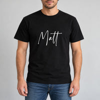 Personalised DJ Name Iron-On Transfer, shown on a black t-shirt