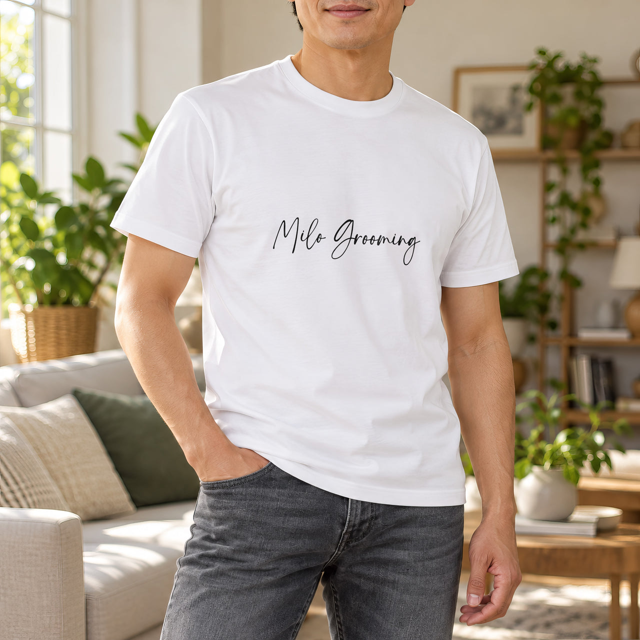 Personalised Dog Groomer Name Iron-On Transfer, shown on a white t-shirt