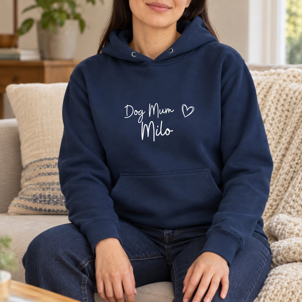 Personalised Dog Mum & Dad Iron-On Transfer, shown on a navy hoodie