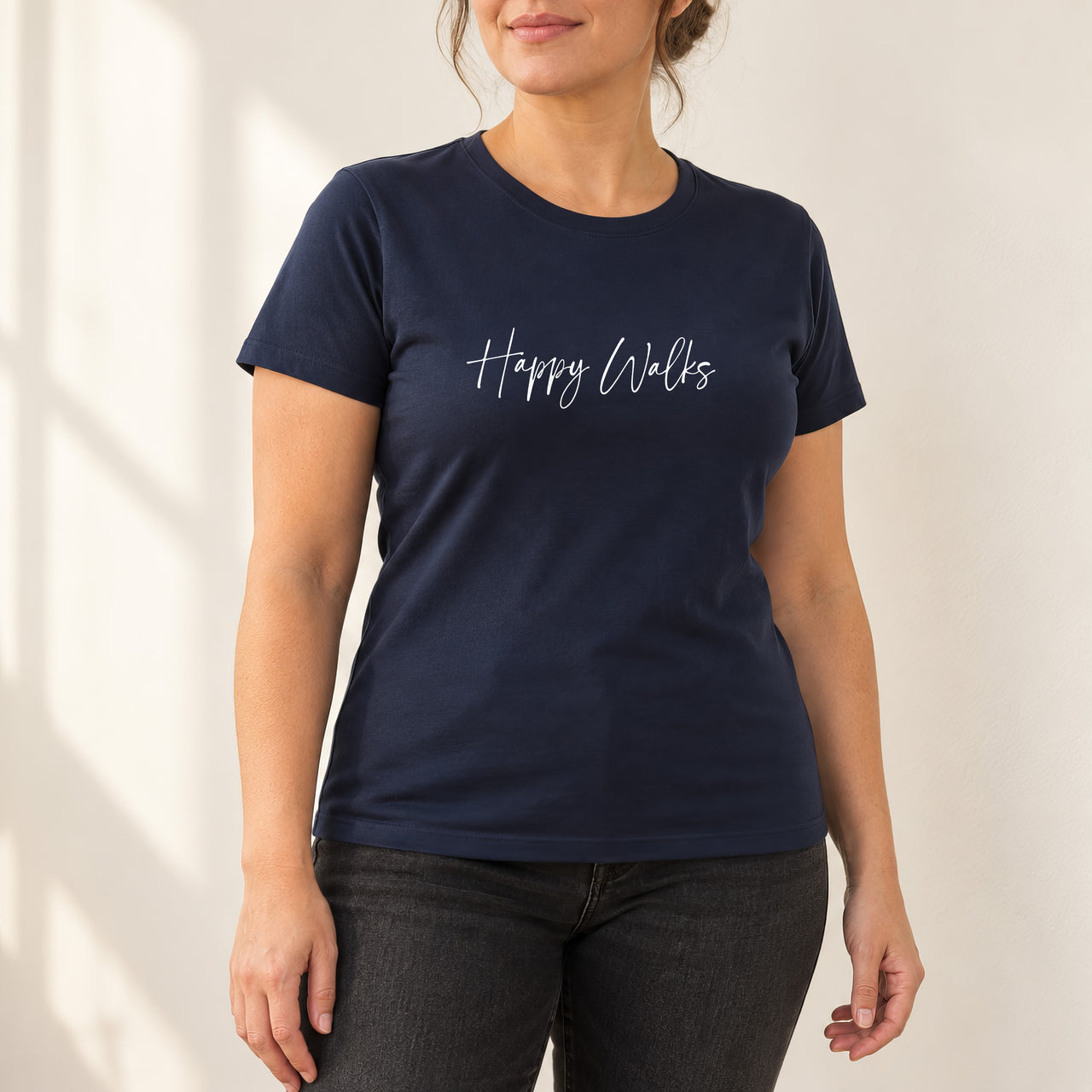 Personalised Dog Walker Name Iron-On Transfer, shown on a navy t-shirt