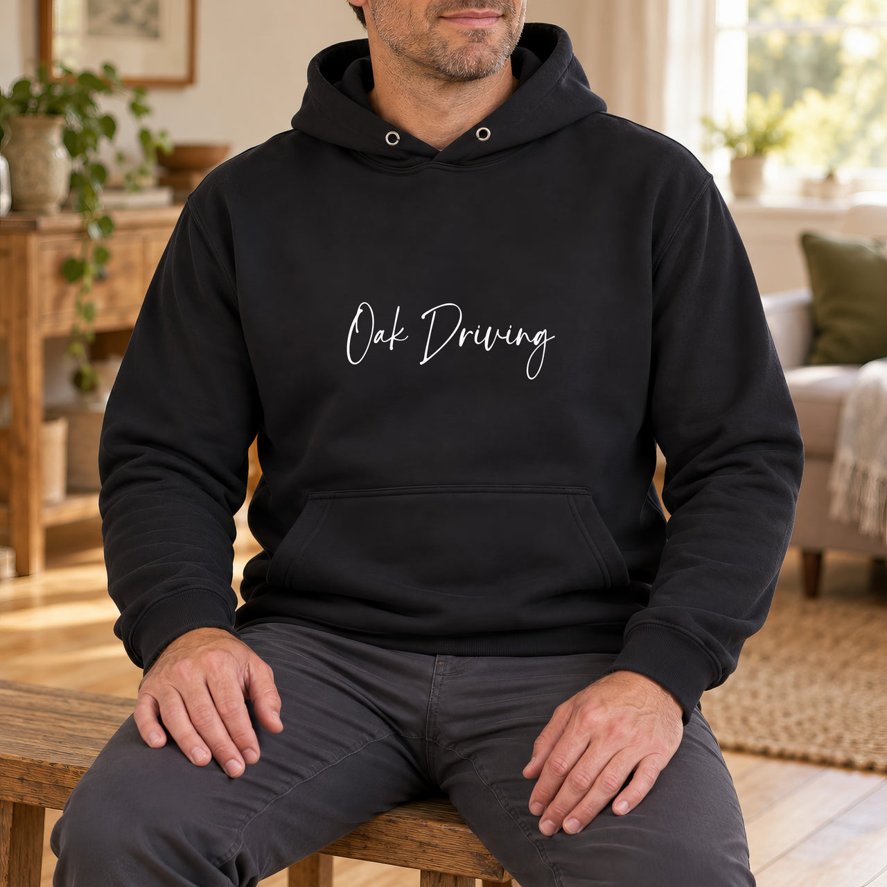 Personalised Driving Instructor Name Iron-On Transfer, shown on a black hoodie