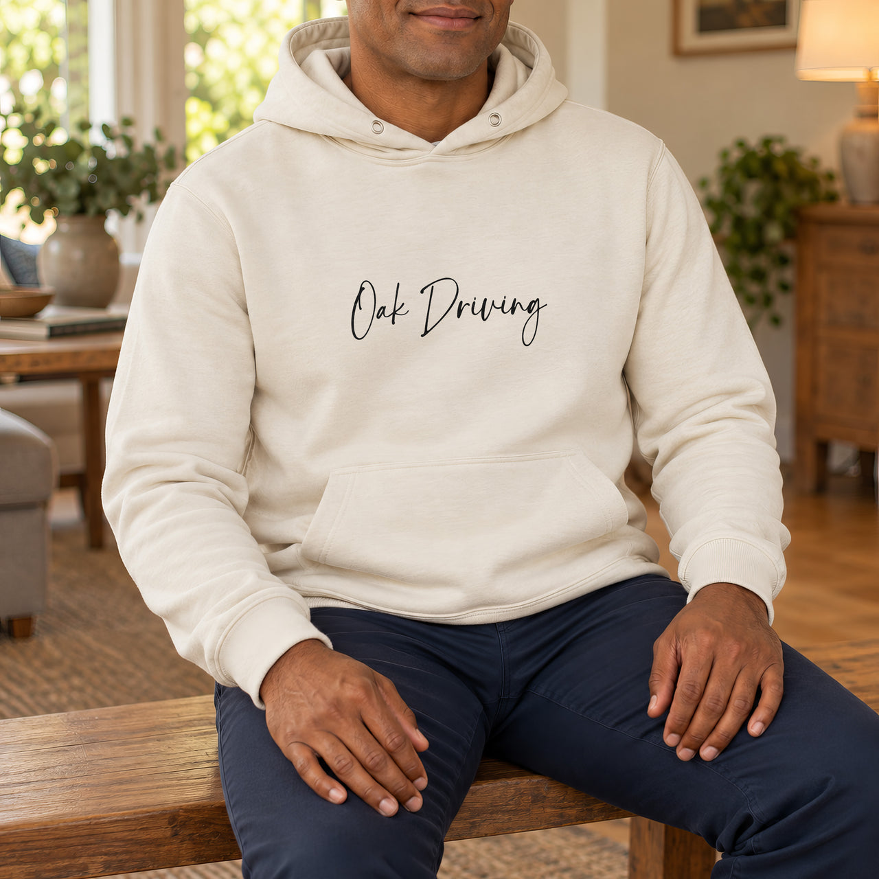 Personalised Driving Instructor Name Iron-On Transfer, shown on a natural hoodie