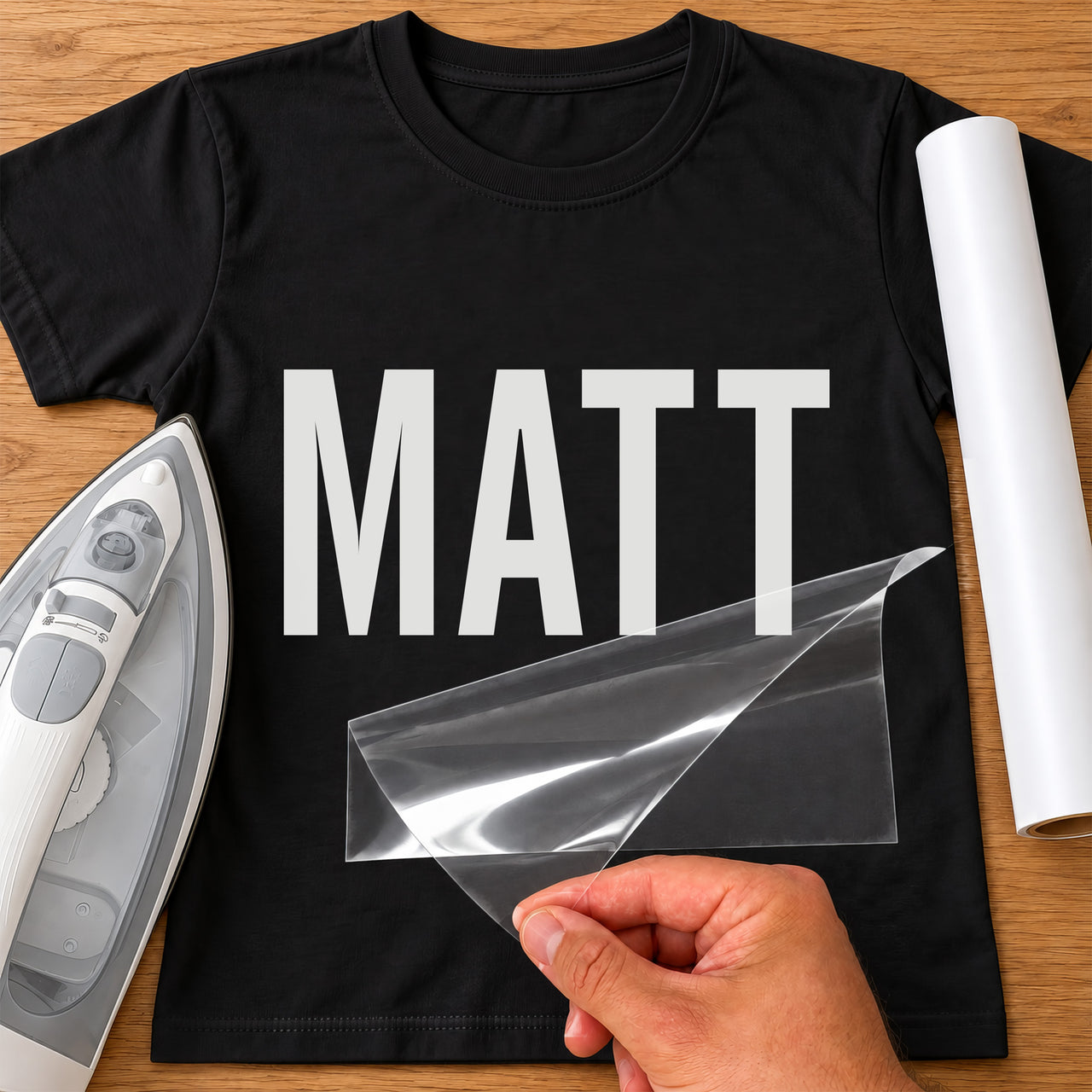 Electrician Name iron-on transfer: white MATT on a black T-shirt, film being peeled