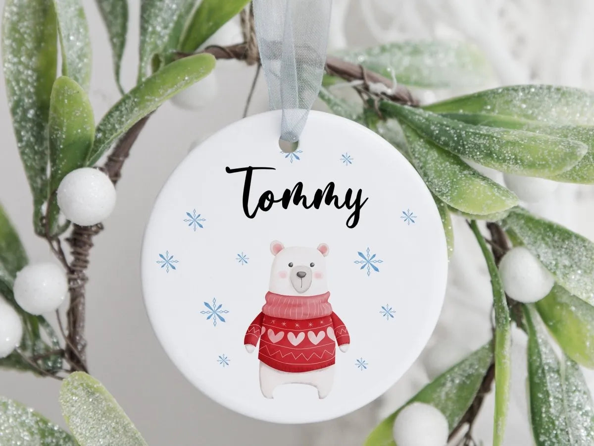 Personalised Family Bauble - Festive Bear Design - First Christmas - Name Customisation - DENMARY