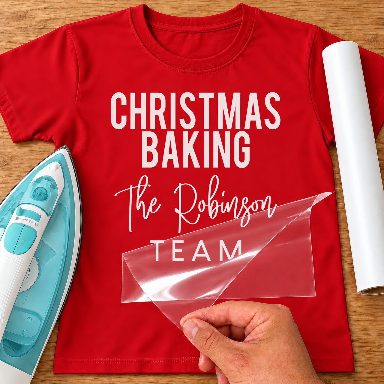 Christmas Baking Team iron-on transfer: white CHRISTMAS BAKING The Robinson TEAM on a red T-shirt, film being peeled
