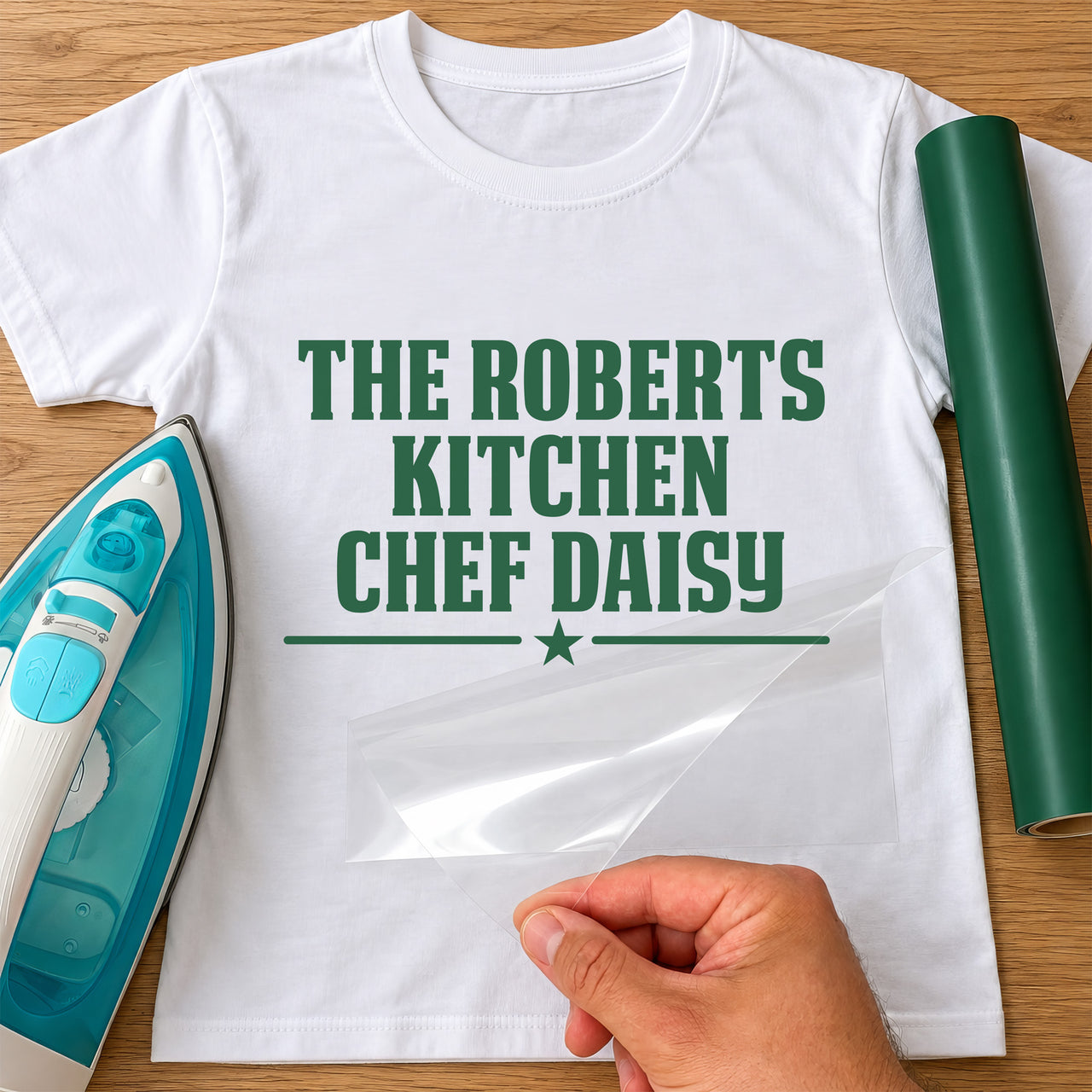 Family kitchen chef iron-on transfer: green THE ROBERTS KITCHEN CHEF DAISY with a star on a white T-shirt, film being peeled