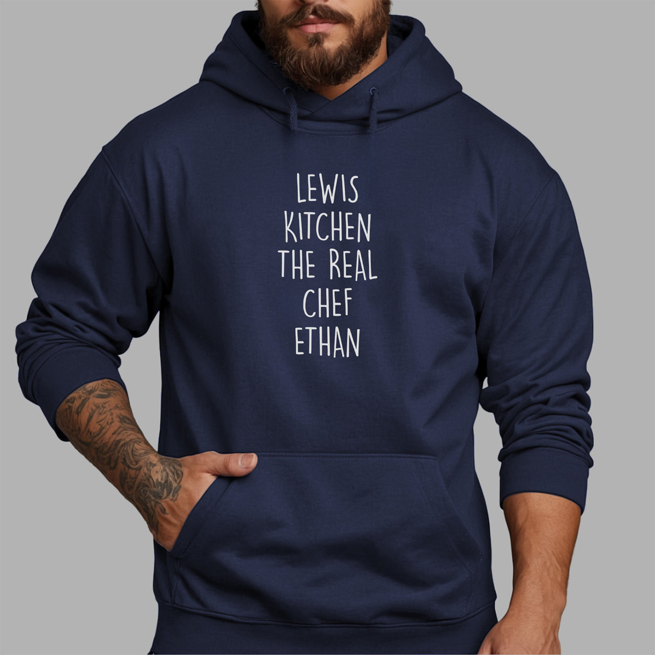 Personalised Family Kitchen The Real Chef Iron-On Transfer shown on a hoodie
