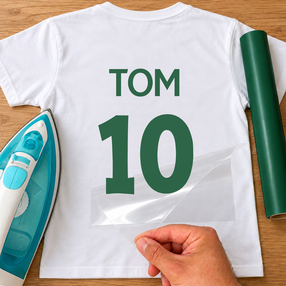 Football Shirt Name Number iron-on transfer: green TOM 10 on a white T-shirt, film being peeled