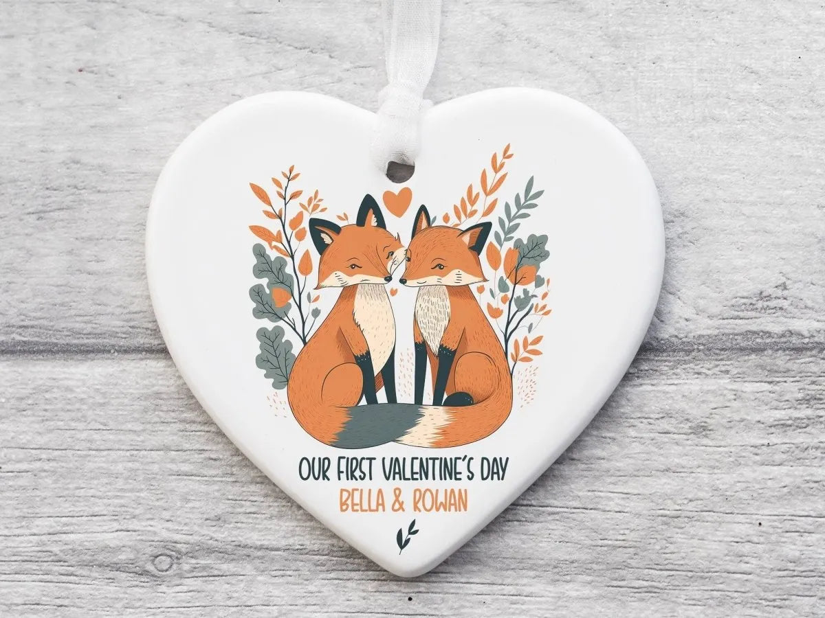 Personalised Fox Couple Heart Ornament - Valentine's Day - With Names - DENMARY