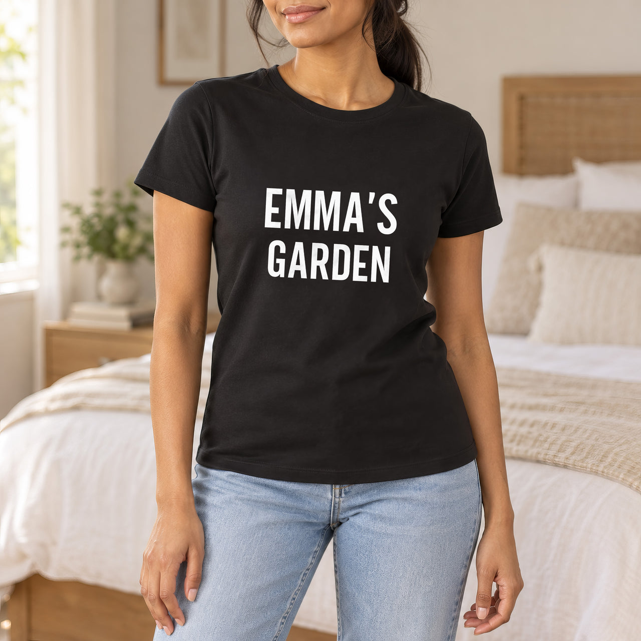 Black T-shirt with the Name's Garden Bold design printed on the chest