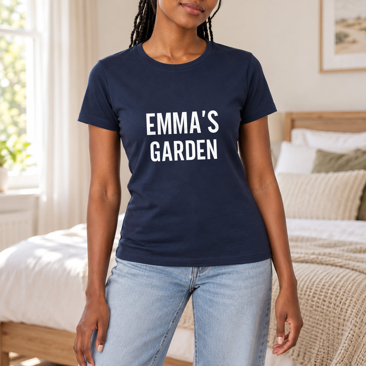 Navy T-shirt with the Name's Garden Bold design printed on the chest