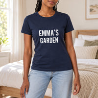 Navy T-shirt with the Name's Garden Bold design printed on the chest