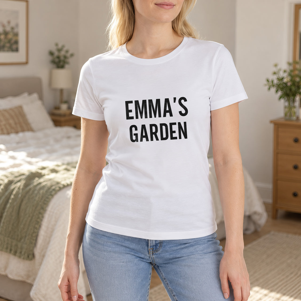 White T-shirt with the Name's Garden Bold design printed on the chest