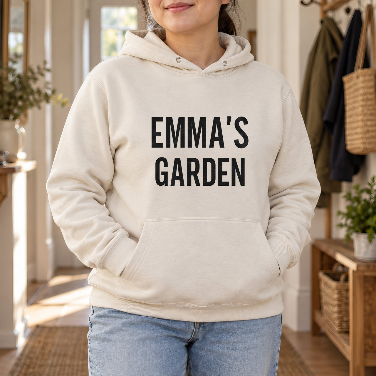 Sand hoodie with the Name's Garden Bold design printed on the chest
