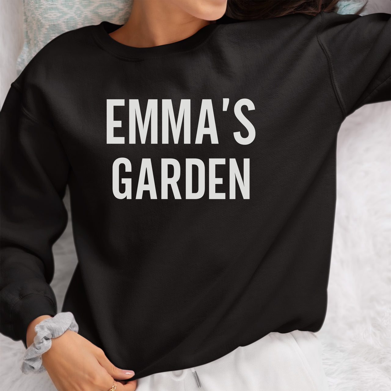 Personalised Garden Name Iron-On Transfer shown on a sweatshirt