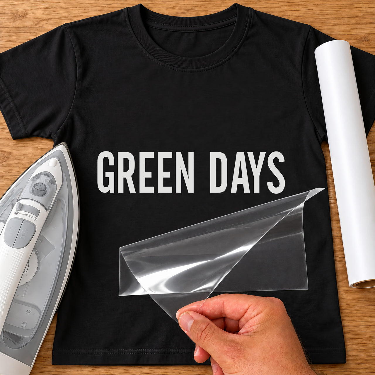 Gardener Name iron-on transfer: white GREEN DAYS on a black T-shirt, film being peeled