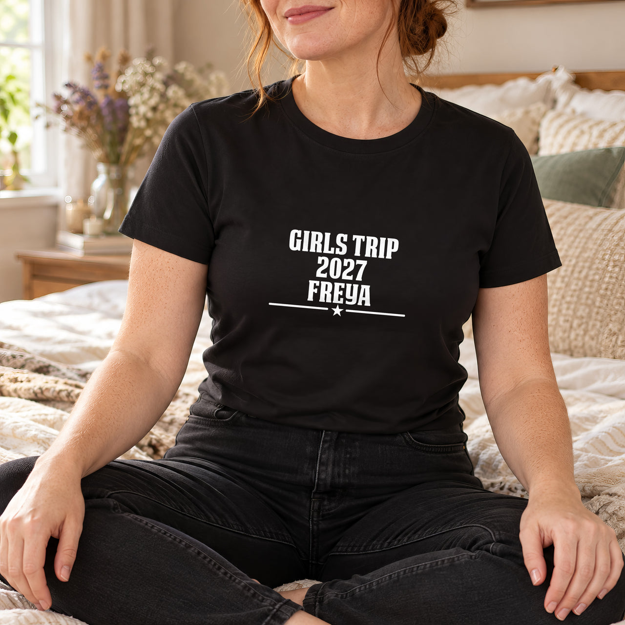 Personalised Girls Trip Iron-On Transfer, shown on a black t-shirt