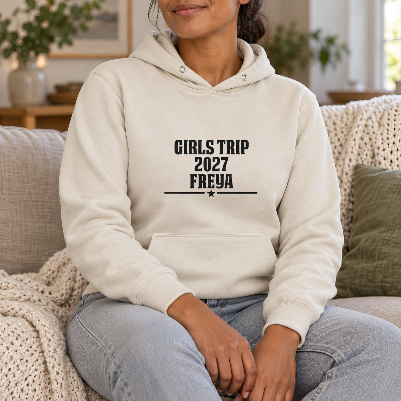 Personalised Girls Trip Iron-On Transfer, shown on a natural hoodie