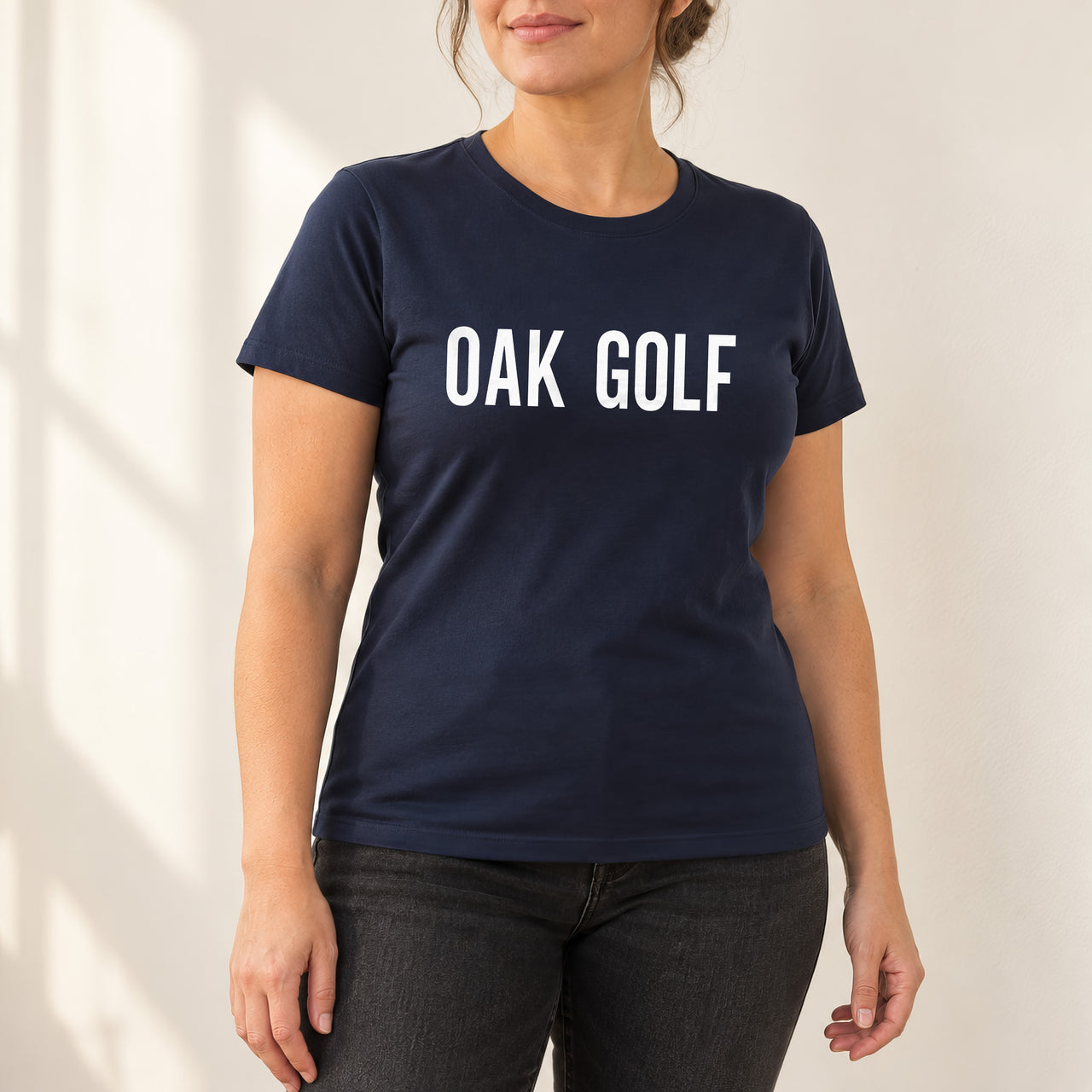 Personalised Golf Society Name Iron-On Transfer, shown on a navy t-shirt